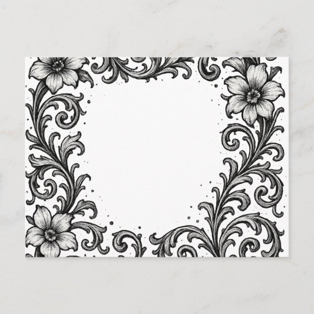 Postal Elegante diseño de borde floral de tinta negra (Anverso)