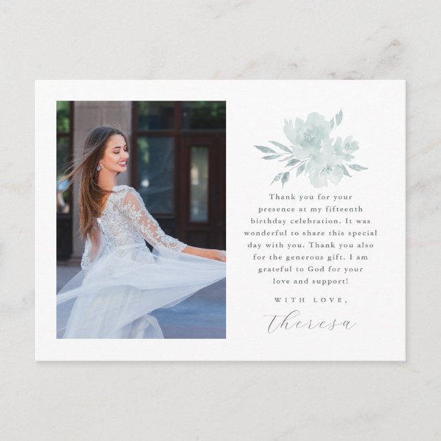 Postal Elegante Dos Fotografías De Quinceanera Floral Gra (Anverso)