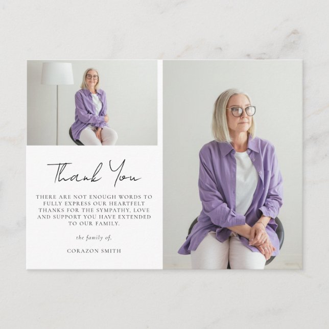 Postal Elegante Dos Fotos Simpatía Funeral Gracias (Anverso)