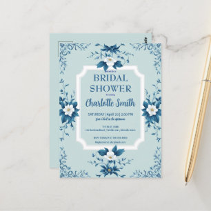 Postal Elegante ducha de boda floral de chinoiserie azul