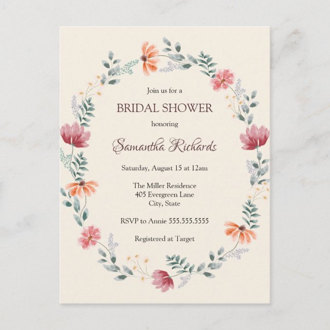 Postal Elegante ducha de novia con flores silvestres en a (Anverso)