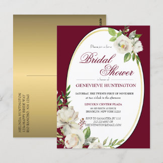 Postal Elegante ducha de novia dorada floral de Borgoña