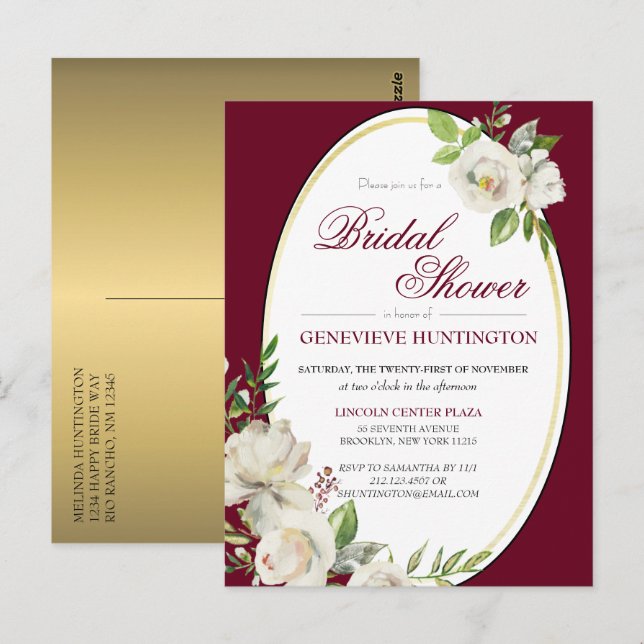 Postal Elegante ducha de novia dorada floral de Borgoña (Anverso / Reverso)