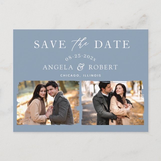 Postal Elegante Dusty Blue 2 Photo Save the Date (Anverso)