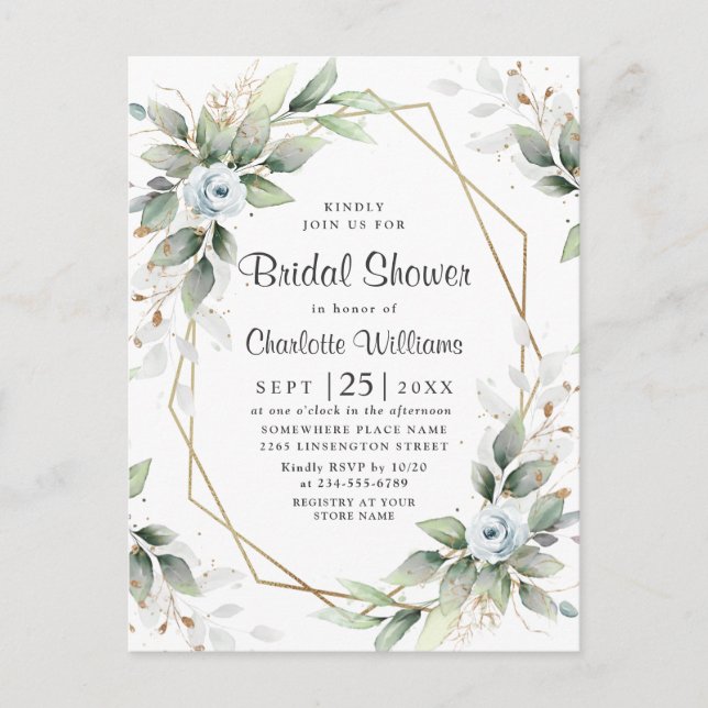 Postal Elegante Dusty Blue Foliage Bridal Shower Card (Anverso)