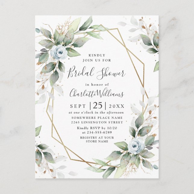 Postal Elegante Dusty Blue Foliage Bridal Shower Card (Anverso)