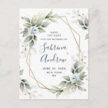 Elegante Dusty Blue Greenery Wedding Save the Date