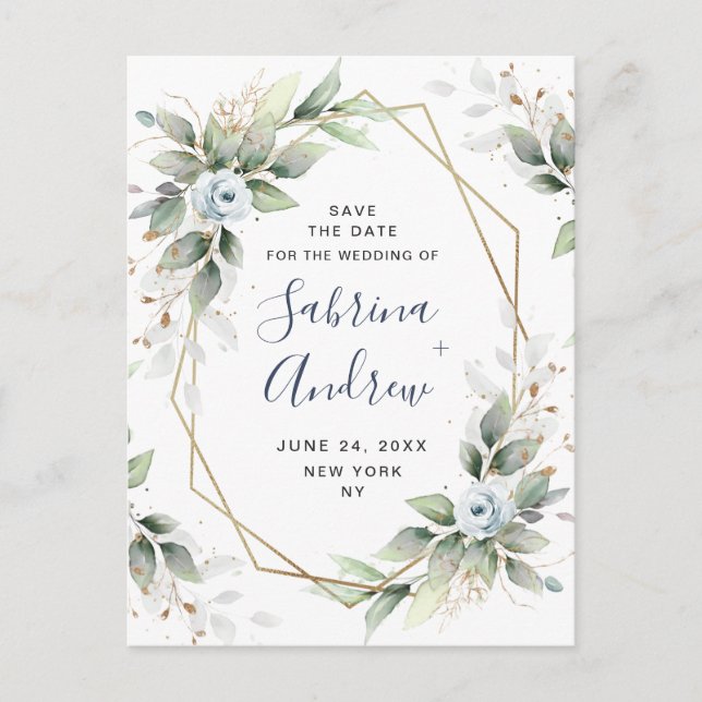 Postal Elegante Dusty Blue Greenery Wedding Save the Date (Anverso)