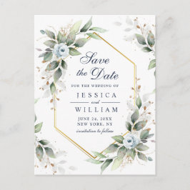 Postal Elegante Dusty Blue Greenery Wedding Save the Date