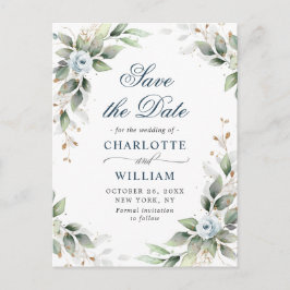 Postal Elegante Dusty Blue Greenery Wedding Save the Date