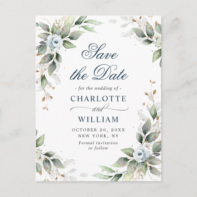 Postal Elegante Dusty Blue Greenery Wedding Save the Date (Anverso)