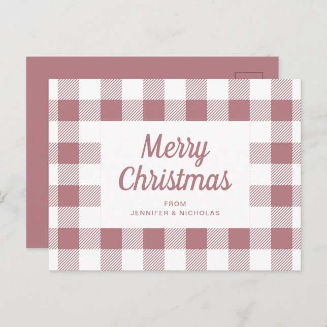 Postal Elegante Dusty Pink Plaid Merry Christmas (Anverso / Reverso)
