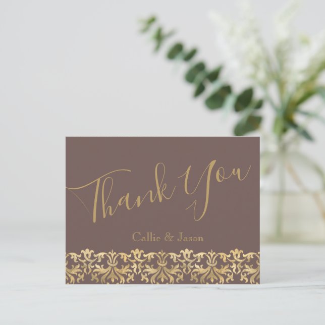 Postal Elegante Earthy Brown y Boda de oro Gracias (Anverso de pie)