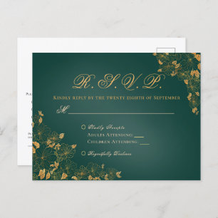 Postal Elegante Emerald Green & Gold Floral Wedding RSVP
