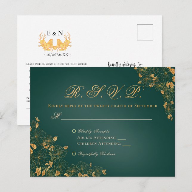 Postal Elegante Emerald Green & Gold Floral Wedding RSVP (Anverso / Reverso)