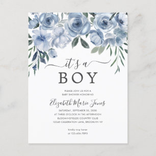 Postal Elegante es un Baby Shower de flores azules de niñ