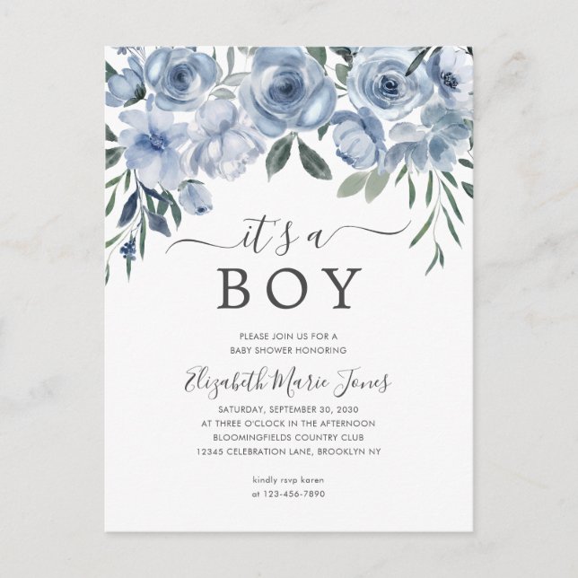 Postal Elegante es un Baby Shower de flores azules de niñ (Anverso)