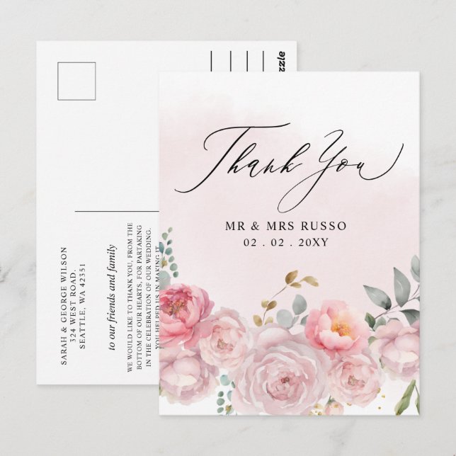 Postal Elegante escritura simple Rubor Floral Gracias (Anverso / Reverso)