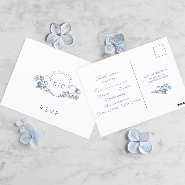Postal Elegante Escudo floral francés Dusty Blue RSVP (Subido por el creador)
