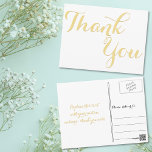 Postal Elegante Estilo Faux Gold Script White Gracias<br><div class="desc">Crea tu propio personalizado, personalizado, elegante nota postal de agradecimiento. Simplemente introduzca su mensaje / nota de agradecimiento. Elegante agradecimiento nota postal para uso en boda, aniversario de matrimonio, cumpleaños, graduación, ducha de novia, ducha de bebé, festividades, o cualquier otro correo relacionado con la ocasión especial O para agradecer a...</div>