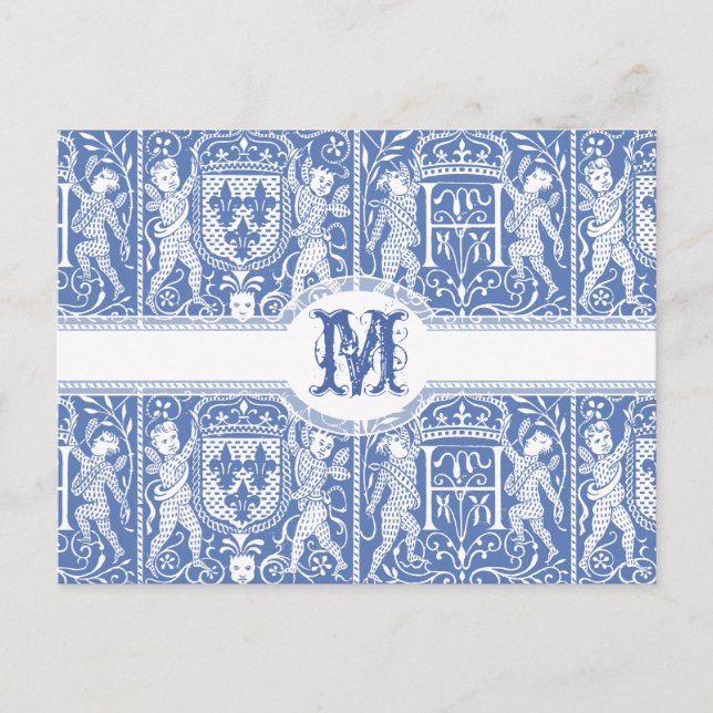 Postal Elegante estilo renacentista medieval azul y blanc (Anverso)