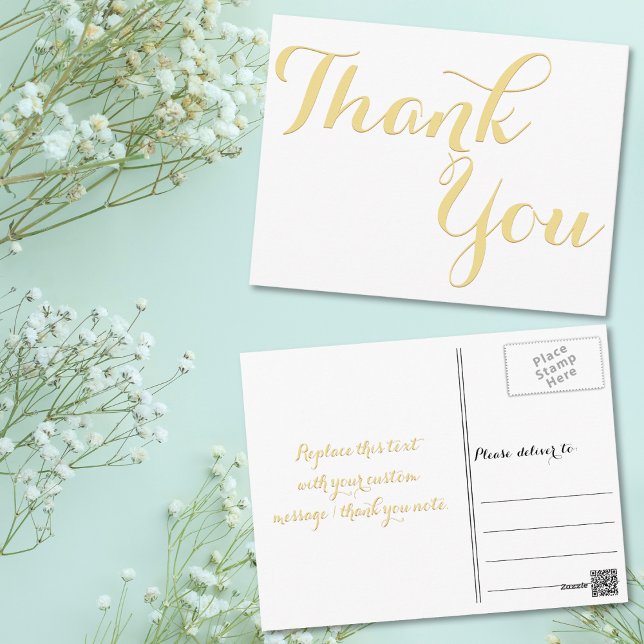Postal Elegante Estiloso Falso Oro Scripto Blanco Gracias (Elegant Stylish Faux Gold Script White Thank You Postcard)