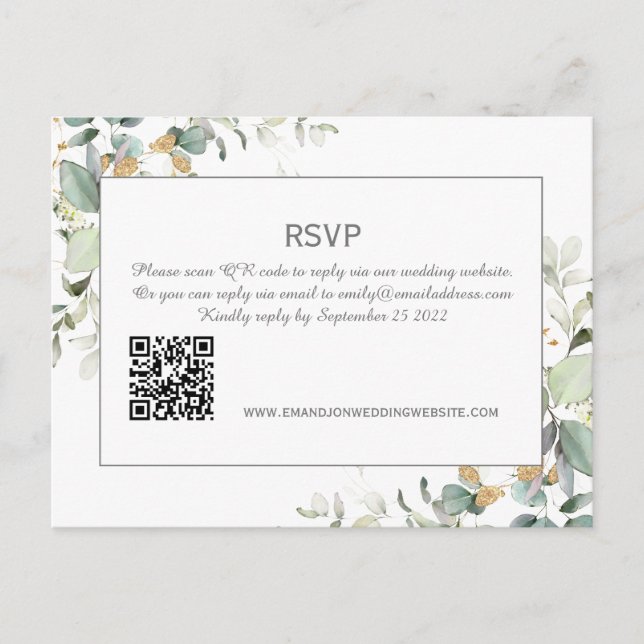 Postal Elegante Eucalipto Greenery QR Código RSVP (Anverso)