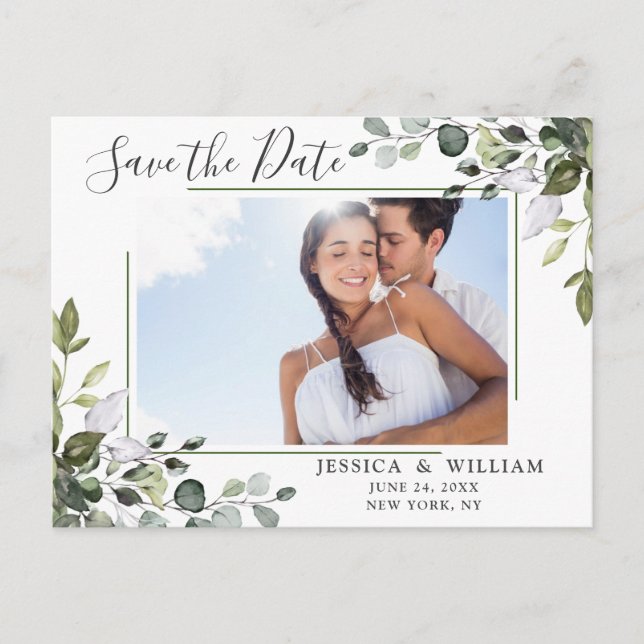 Postal Elegante Eucalyptus FOTO Wedding Save the Date (Anverso)