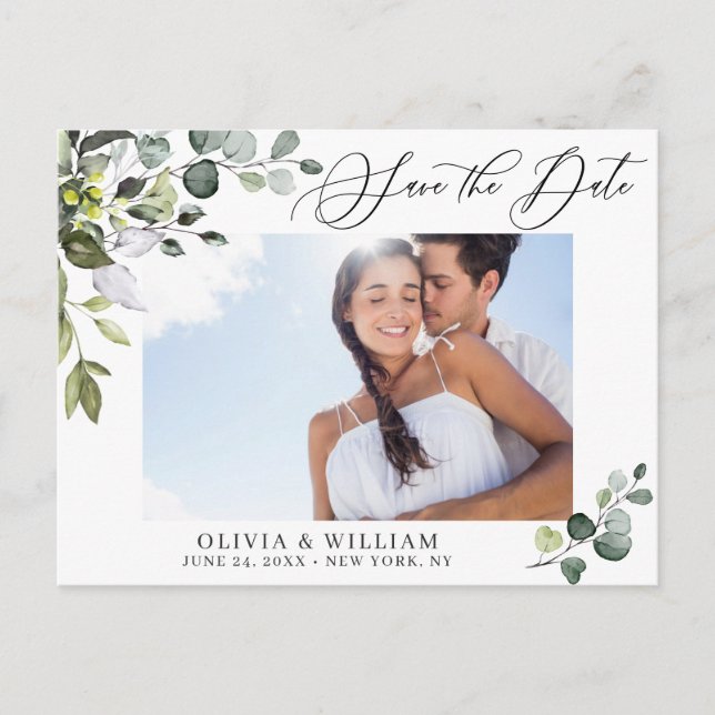 Postal Elegante Eucalyptus FOTO Wedding Save the Date (Anverso)