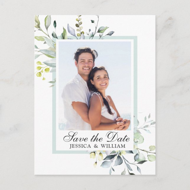 Postal Elegante Eucalyptus FOTO Wedding Save the Date (Anverso)