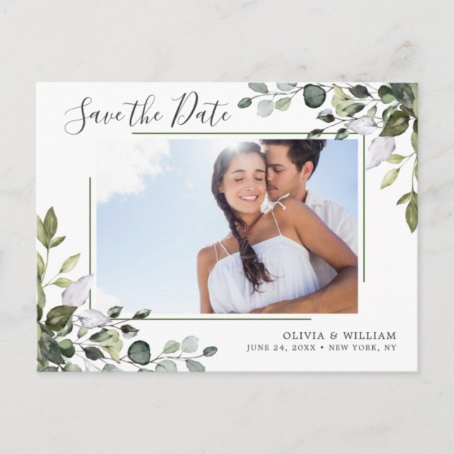 Postal Elegante Eucalyptus FOTO Wedding Save the Date (Anverso)