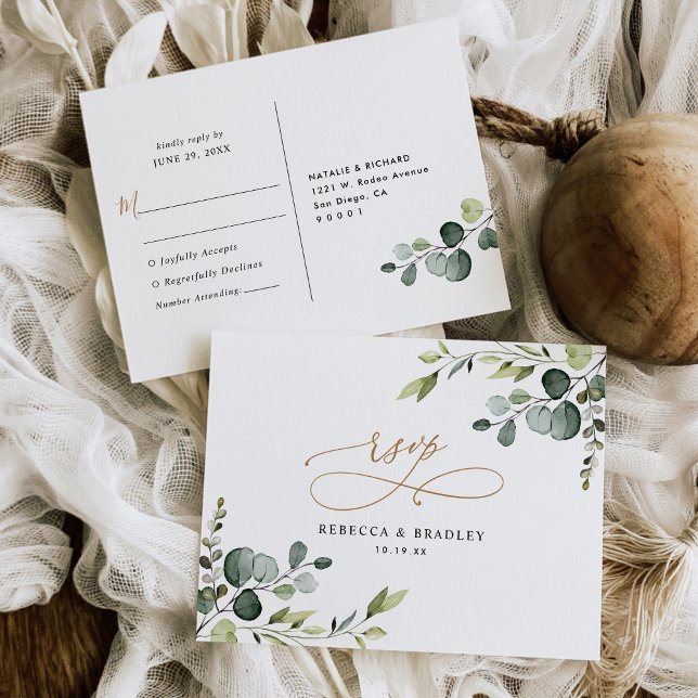 Postal Elegante Eucalyptus Greenery Gold Wedding Rsvp (Subido por el creador)