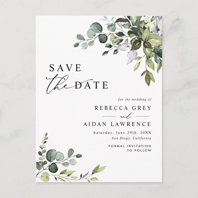Postal Elegante Eucalyptus Greenery Wedding Save the Date (Anverso)