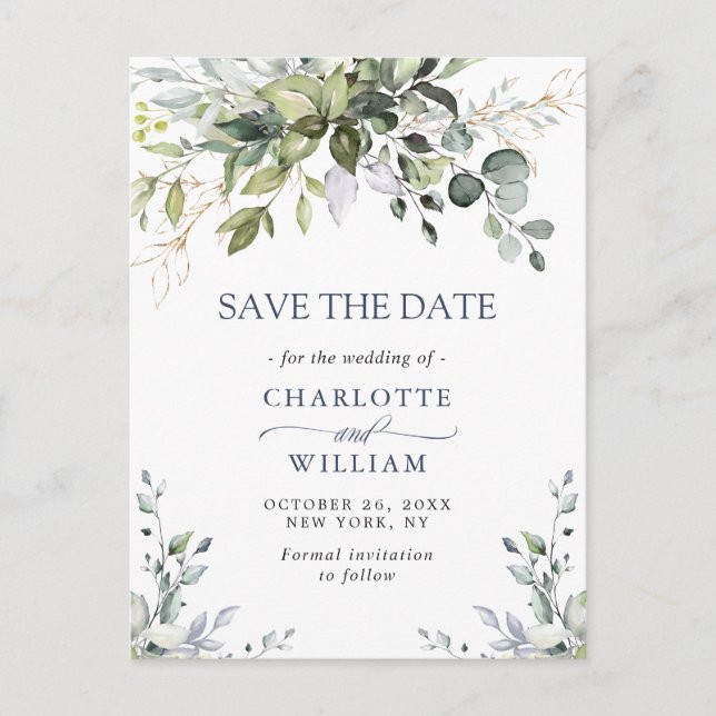 Postal Elegante Eucalyptus Greenery Wedding Save the Date (Anverso)