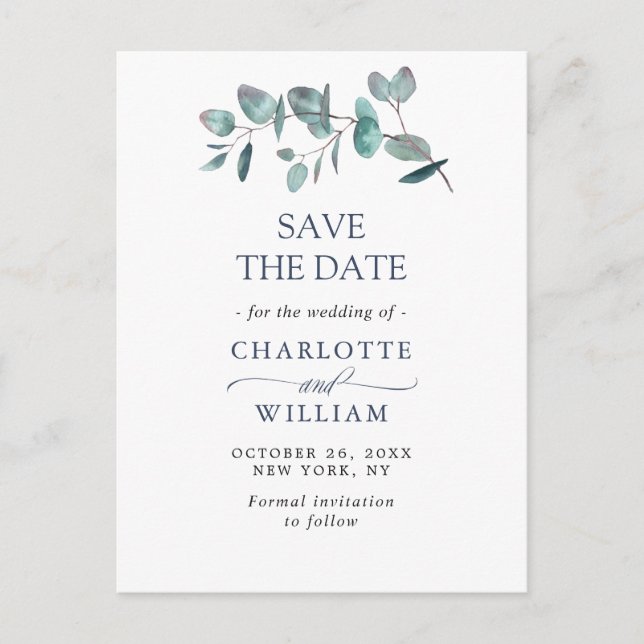 Postal Elegante Eucalyptus Greenery Wedding Save the Date (Anverso)