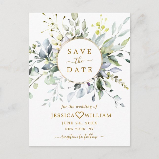 Postal Elegante Eucalyptus Greenery Wedding Save the Date (Anverso)