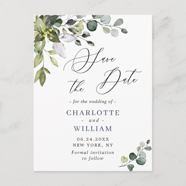 Postal Elegante Eucalyptus Greenery Wedding Save the Date (Anverso)