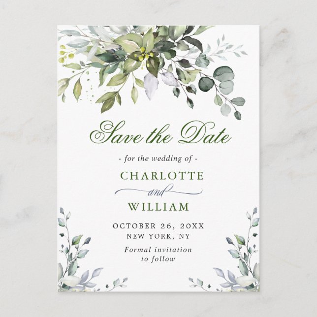 Postal Elegante Eucalyptus Greenery Wedding Save the Date (Anverso)