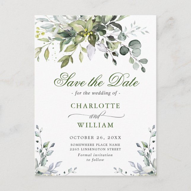 Postal Elegante Eucalyptus Greenery Wedding Save the Date (Anverso)
