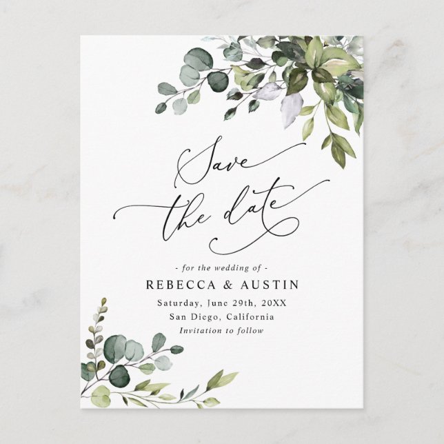 Postal Elegante Eucalyptus Greenery Wedding Save the Date (Anverso)