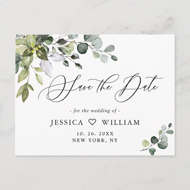 Postal Elegante Eucalyptus Greenery Wedding Save the Date (Anverso)