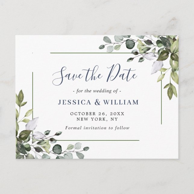 Postal Elegante Eucalyptus Greenery Wedding Save the Date (Anverso)