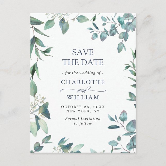 Postal Elegante Eucalyptus Greenery Wedding Save the Date (Anverso)
