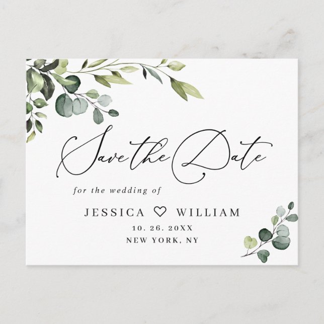 Postal Elegante Eucalyptus Greenery Wedding Save the Date (Anverso)