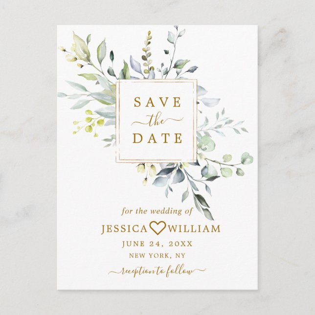 Postal Elegante Eucalyptus Greenery Wedding Save the Date (Anverso)
