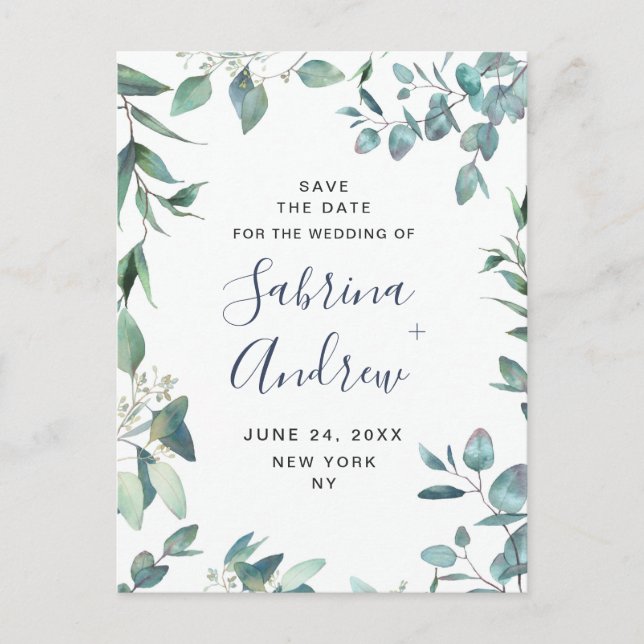 Postal Elegante Eucalyptus Greenery Wedding Save the Date (Anverso)