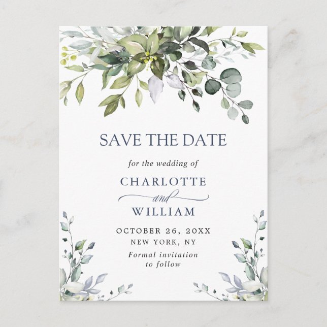Postal Elegante Eucalyptus Greenery Wedding Save the Date (Anverso)