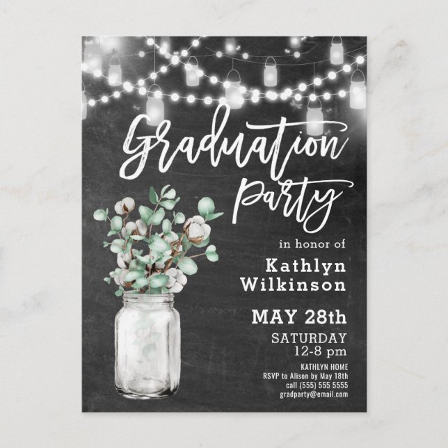 Postal Elegante Eucalyptus Mason Jar Graduación Invitació (Anverso)