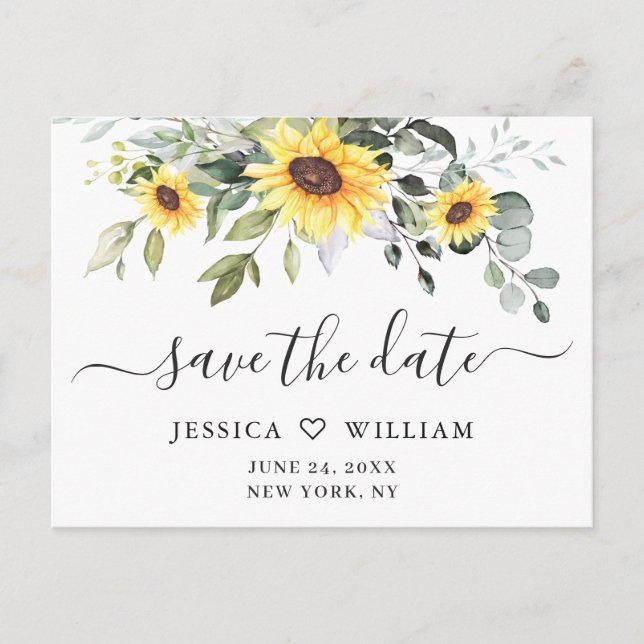 Postal Elegante Eucalyptus Sunflower Wedding Save the Dat (Anverso)