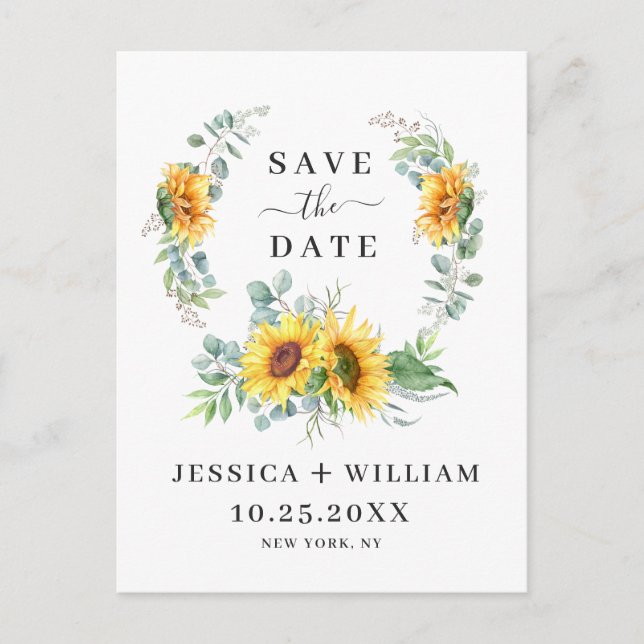 Postal Elegante Eucalyptus Sunflower Wedding Save the Dat (Anverso)